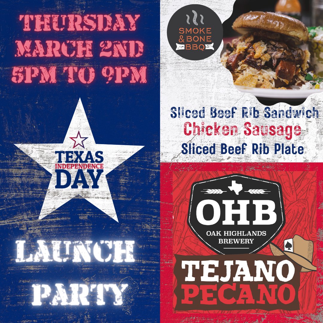 Texas Independence Day is on Thursday! To celebrate, we are releasing our award winning Tejano Pecano in our taproom and the party is from 5pm to 9pm! Tejano Pecano is an English Brown Ale brewed with house roasted Texas pecans! Smoke &amp; Bone BBQ has a special menu for the day