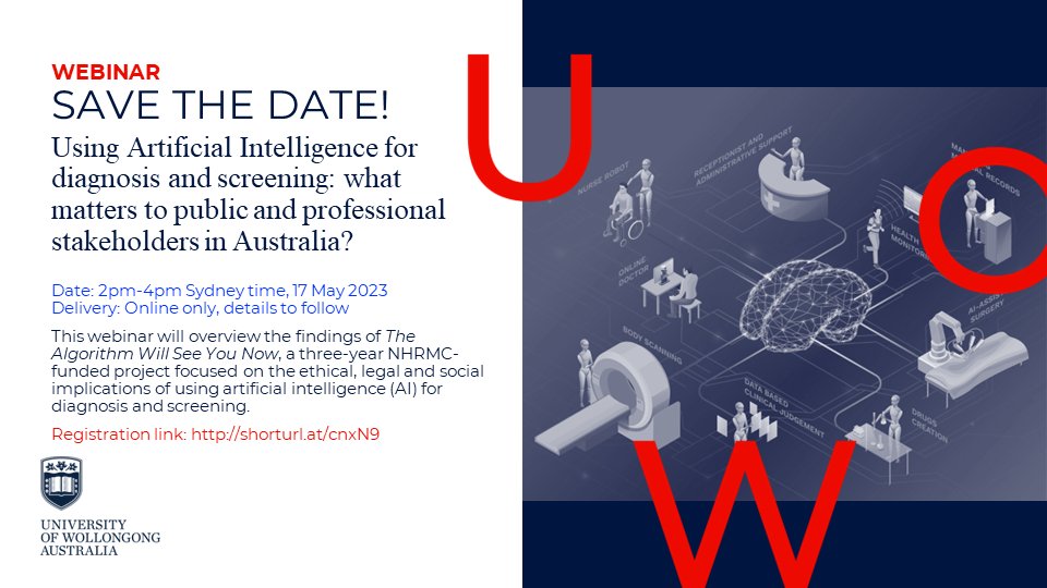 Diagnosing ML: The Algorithm Will See You Now (@diagnosingml) on Twitter photo SAVE THE DATE!
Our #NHMRC project is holding a capstone webinar to overview findings from our multi-method empirical #bioethics studies on #ELSI of #healthcare #AI.
Register via the link to get updates.: shorturl.at/cnxN9
<a href="/stacymcarter/">Stacy Carter</a> #datascience #ethics #healthcare SAVE THE DATE!
Our #NHMRC project is holding a capstone webinar to overview findings from our multi-method empirical #bioethics studies on #ELSI of #healthcare #AI.
Register via the link to get updates.: shorturl.at/cnxN9
<a href="/stacymcarter/">Stacy Carter</a> #datascience #ethics #healthcare