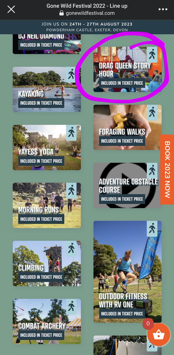 I keep getting ads for this @BearGrylls @Gonewildfest, prob coz I have 2 kids. Looks fab; Skills Activity Wellness Outdoors Adventure Dance Art But wait. What's that? Why does there have to be a Drag Queen at every kids event now? How do we squeze some misogyny into a festival?