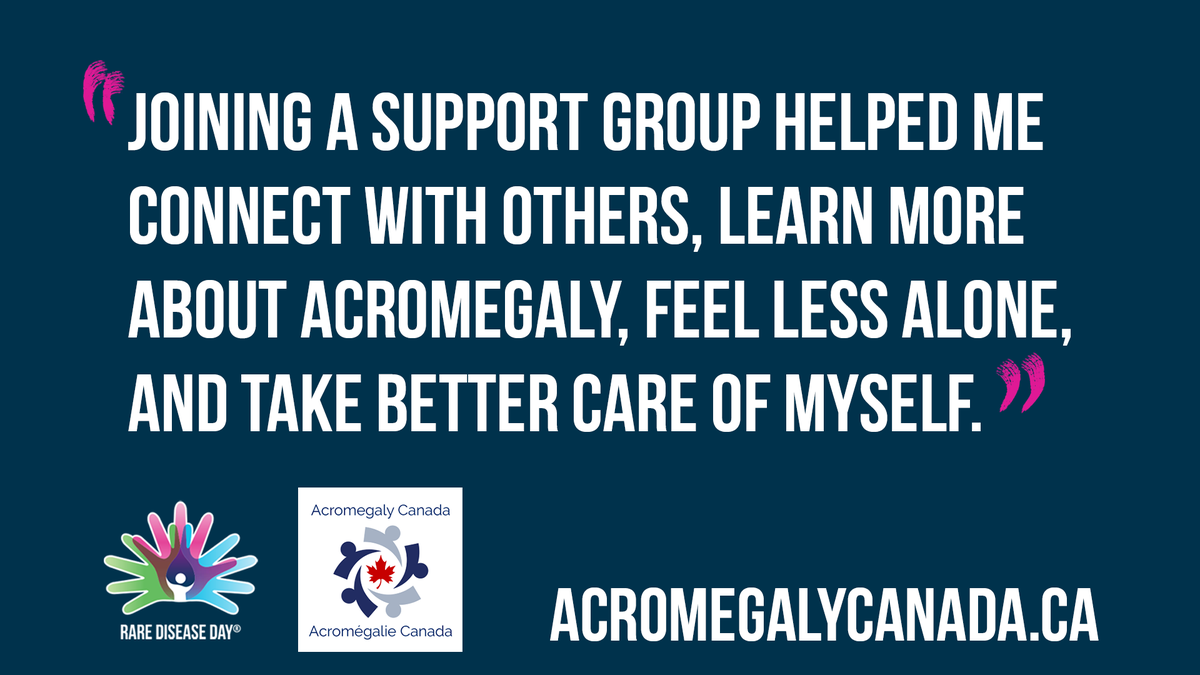 A #RareDisease diagnosis can be scary and lonely...for patients and their loved ones. Support groups are a safe space to discuss day-to-day life, share fears, and celebrate successes.

Find #acromegaly support groups:
acromegalycanada.ca/support-groups

#RareDiseaseDay2023 #RareDiseaseDay