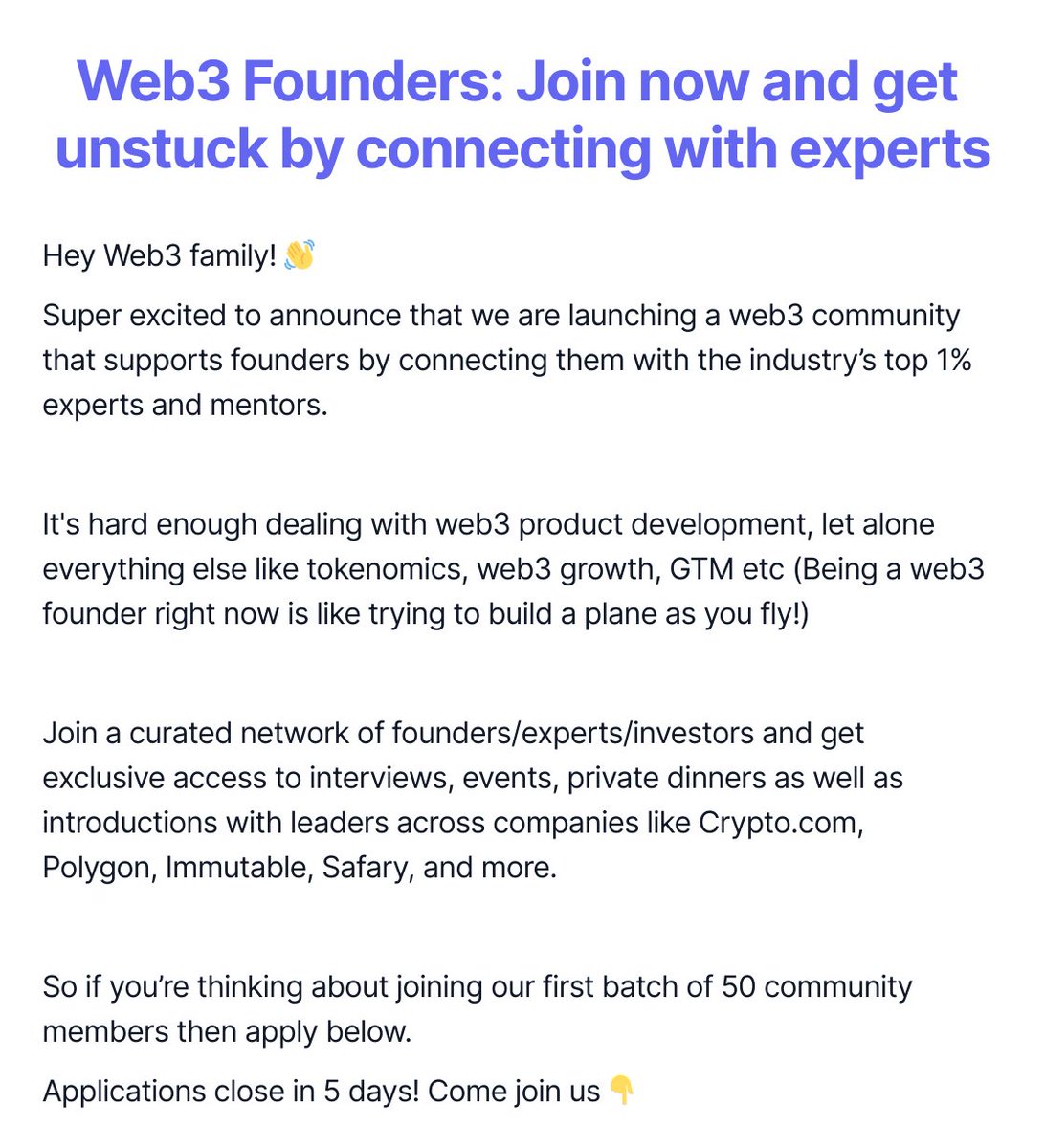 Web3 is hard! Grow your project by connecting to real industry experts.
Founders and experts APPLY NOW >> bit.ly/3YedEAG