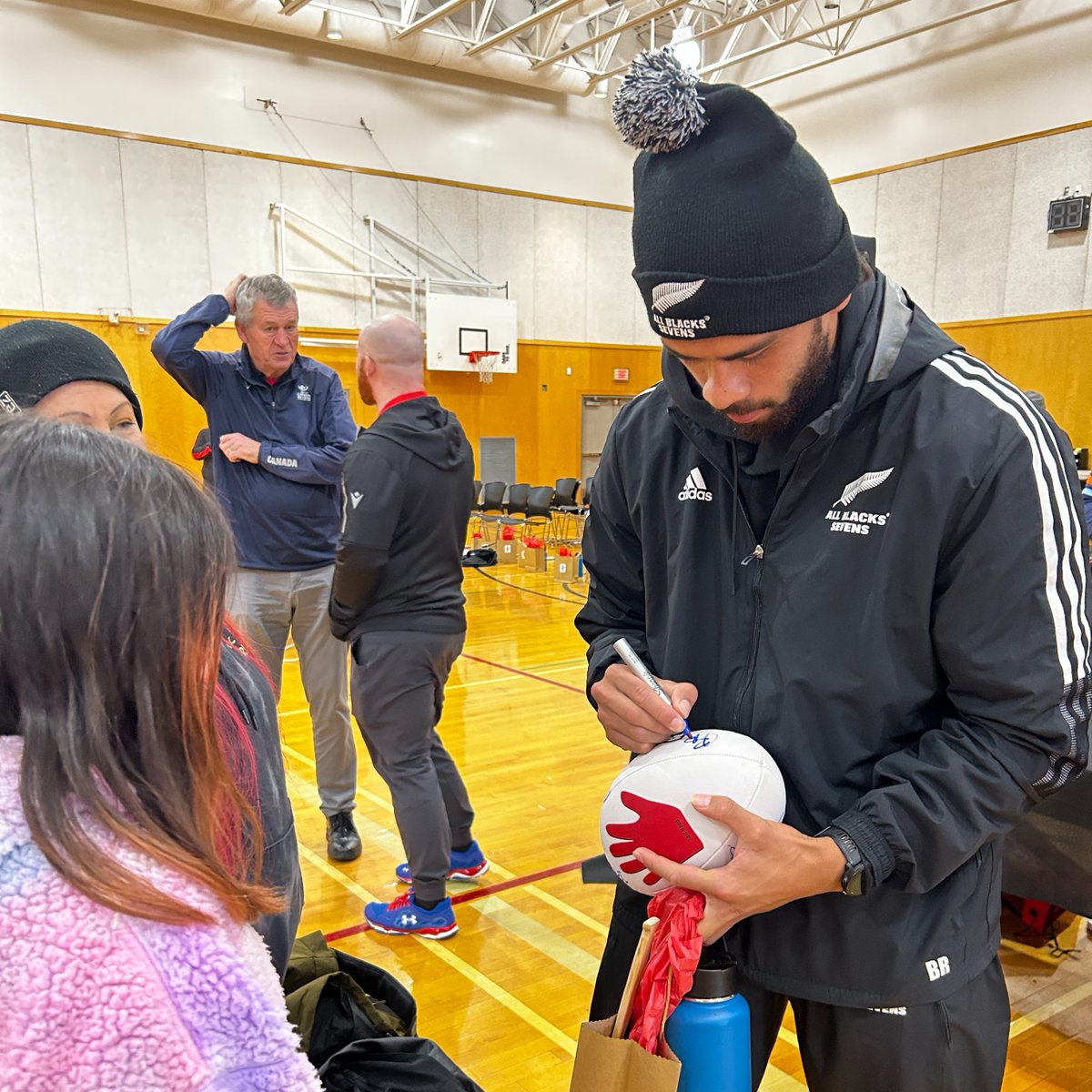 VanSevens's tweet photo. Players from New Zealand’s Men’s Sevens Team were welcomed onto the unceded and traditional territories of the Tsleil-Waututh Nation today 🏉 

#RugbyCA #CanadaSevens https://t.co/pyjmOqBUVP