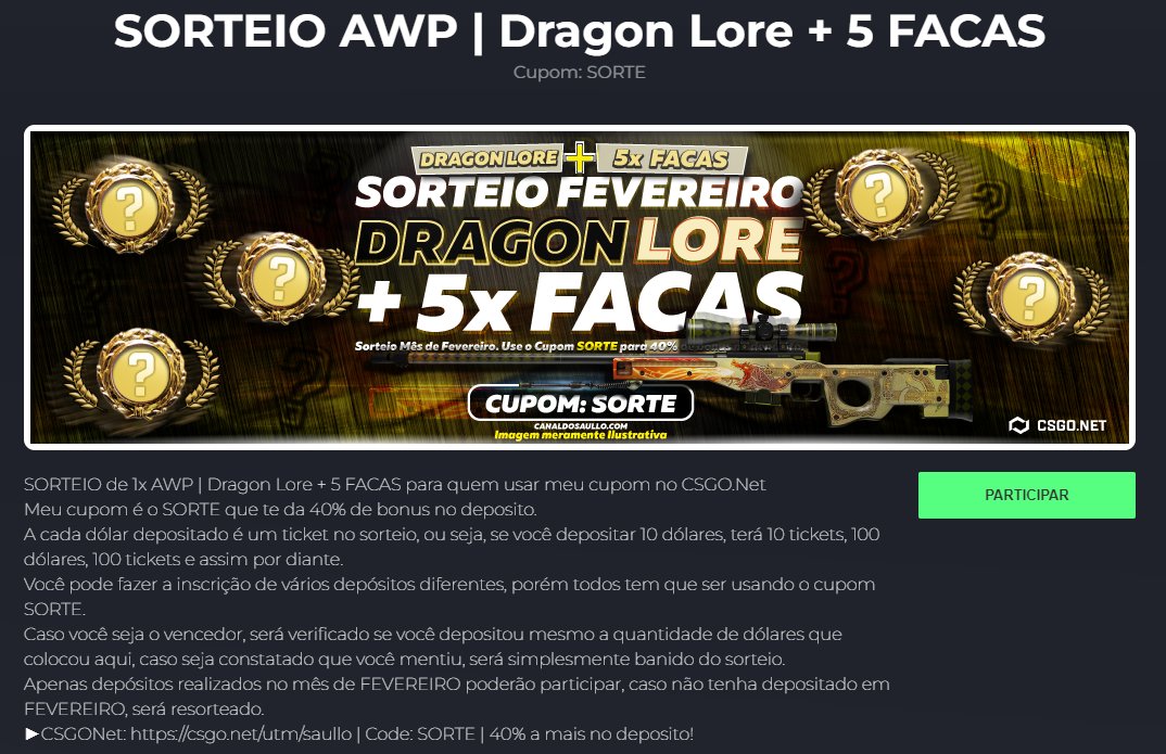 CanalDoSaullo's tweet photo. 🎁 Última oportunidade para participar do SORTEIO da AWP Dragon Lore + 5 Facas 🤑
O sorteio será realizado na live de AMANHÃ ⚡️
https://t.co/nAHfFa2A0F https://t.co/F6K74YbMLR