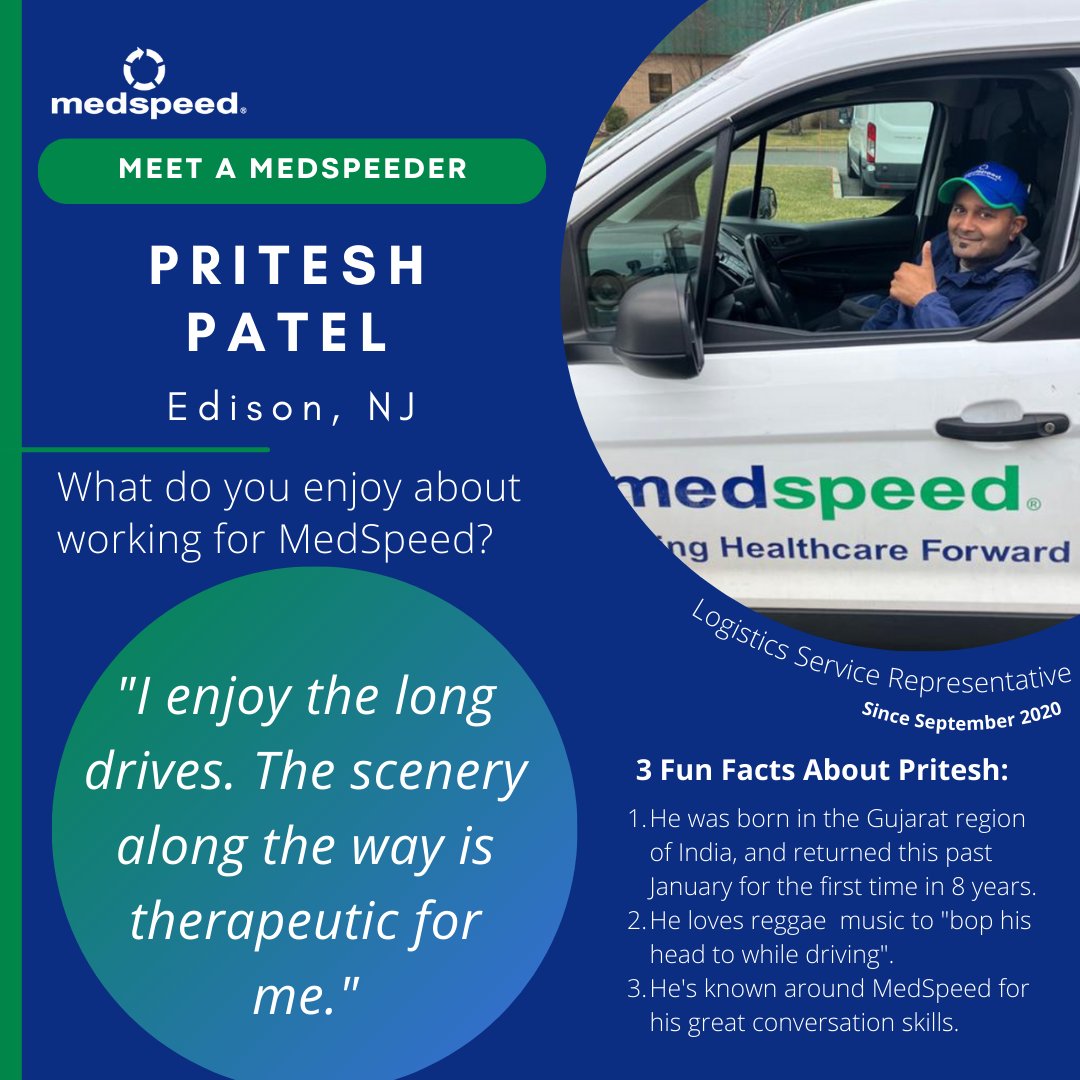 MedSpeed's tweet photo. We’re excited to share this month’s #MeetAMedSpeeder, Pritesh Patel! Pritesh joined #MedSpeed in September 2020 and is based out of Edison, NJ. Fun fact: Pritesh is known as the “human GPS” for his exceptional directional skills and is always jamming out to reggae on his drives. https://t.co/BH3vZhZupl