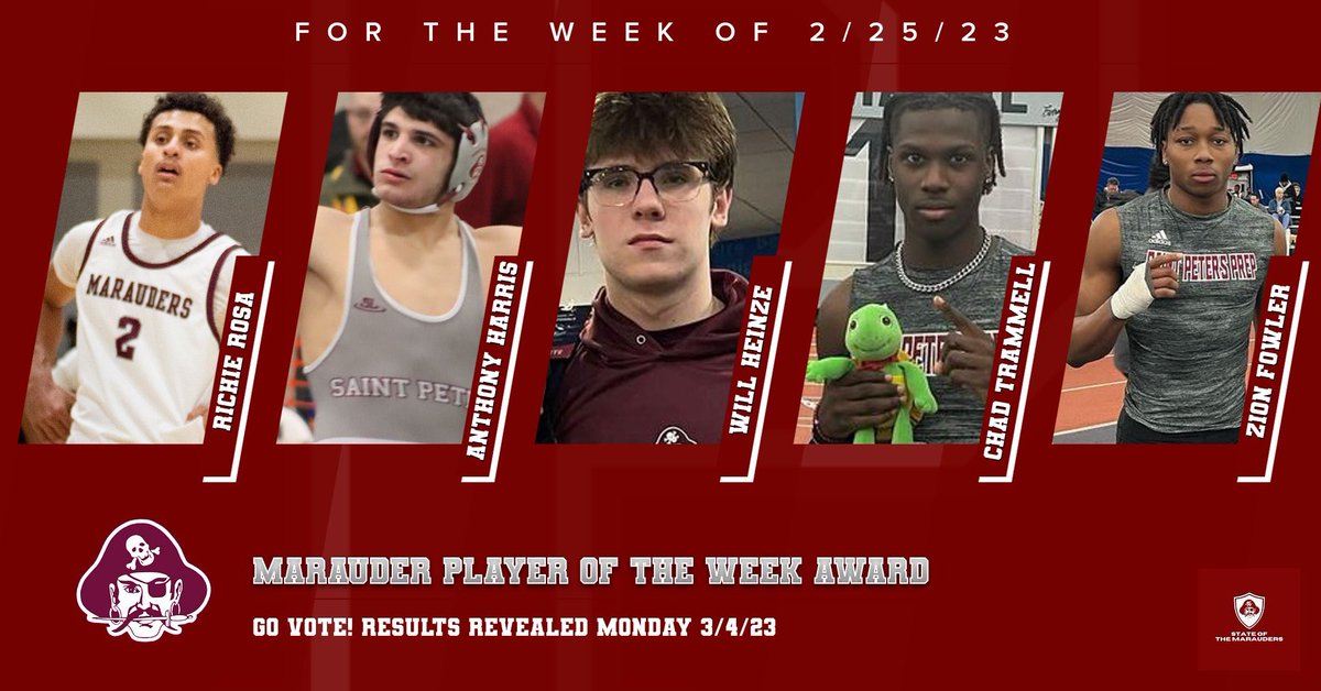 Vote For The Marauder Of The Week

• Richie Rosa of <a href="/SPPBASKETBALL/">ST.PETER'S PREP BASKETBALL 🛡</a>
• Anthony Harris of <a href="/SppWrestling/">Saint Peter’s Prep Wrestling</a>
• Will Heinze of #SPPSwim
• Chad Trammel of <a href="/SPP_XCTF/">SPP Marauders</a>
• Zion Fowler of <a href="/SPP_XCTF/">SPP Marauders</a>

The polls are open until 3/4 at 11:59PM. Vote on the app linked on our profile!