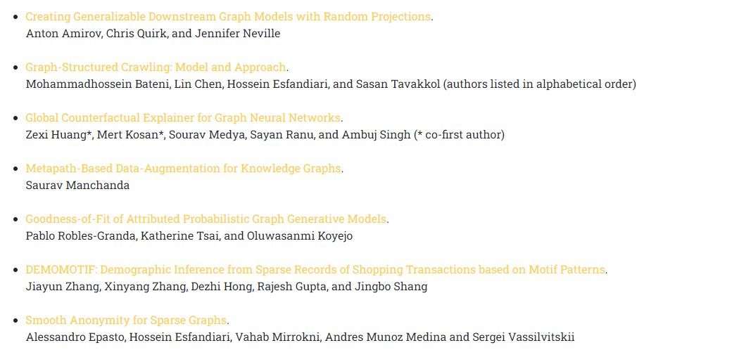 Congratulations to the seven papers accepted this year at the Machine Learning on Graphs (#MLoG2023) Workshop at #WSDM2023!

Workshop Date: March 3rd, 2023
Details: mlog-workshop.github.io/wsdm23.html
<a href="/TylersNetwork/">Tyler Derr</a> <a href="/ma_yao_/">Yao Ma</a> <a href="/benrozemberczki/">Benedek Rozemberczki</a> <a href="/ShiruiPan/">Shirui Pan</a> <a href="/WSDMSocial/">WSDM Conference</a> <a href="/YunchaoLanceLiu/">Yunchao (Lance) Liu (刘运超)</a>