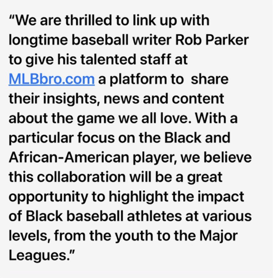 RobParkerFS1's tweet photo. Happy to announce @MLBbrodotcom and @MLB collab on covering Black and brown Major Leaguers. Statement from MLB: https://t.co/xBZx0iWPD2