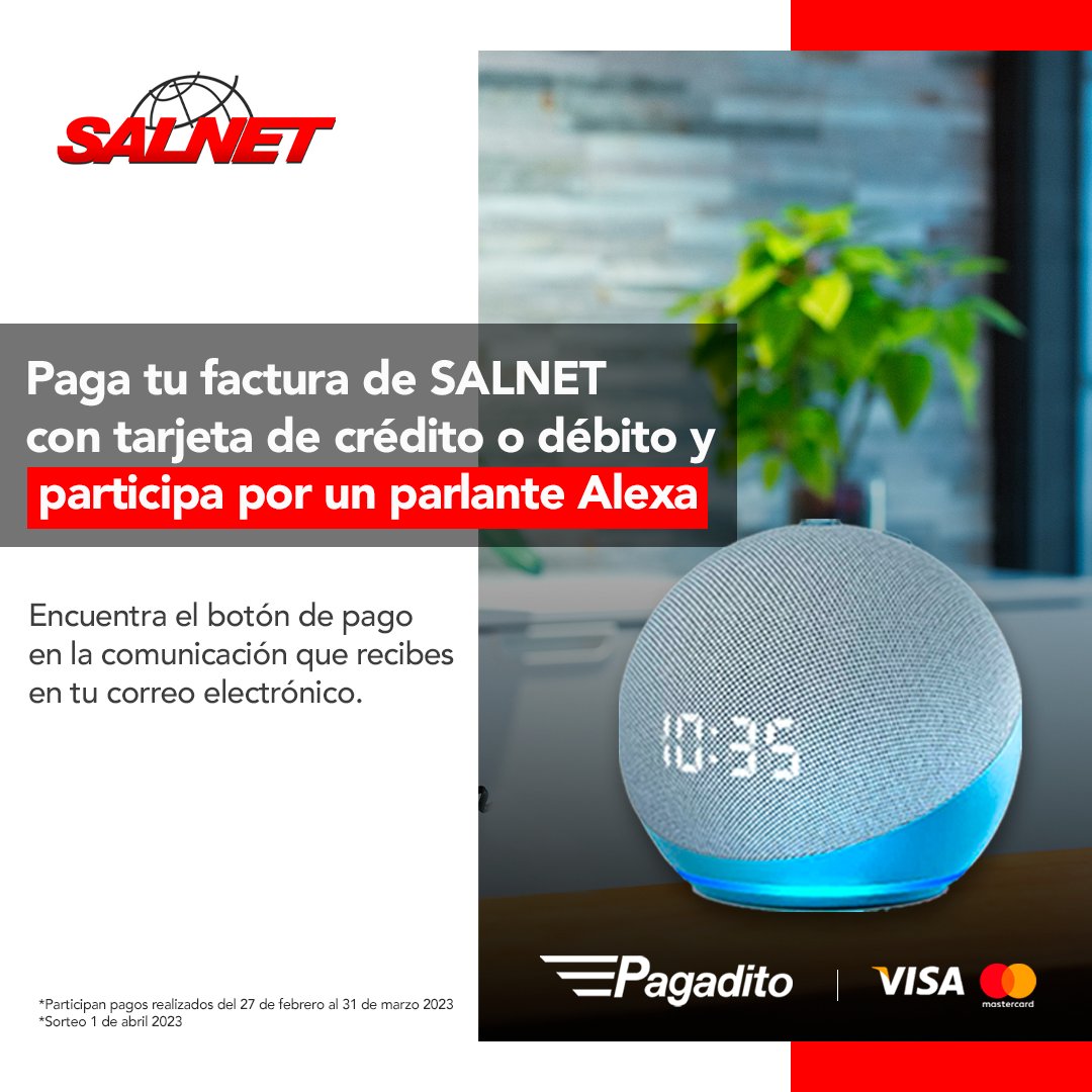 salnet_sv's tweet photo. Participa por un parlante Alexa 🎼😎 realiza el pago de tu factura en Pagadito  por medio de tarjeta de crédito o débito 💳

*Será 1 ganador https://t.co/uEMEySSQQY