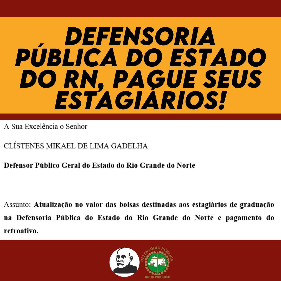 caac_ufrn's tweet photo. DEFENSORIA PÚBLICA DO ESTADO DO RN, PAGUE SEUS ESTAGIÁRIOS O VALOR DEVIDO!

Enquanto os defensores recebem salários altíssimos, a defensoria se restringe a pagar o valor de uma bolsa de salário mínimo desatualizada a seus estagiários, em desacordo com o estabelecido no edital! https://t.co/egBJWoVUYR