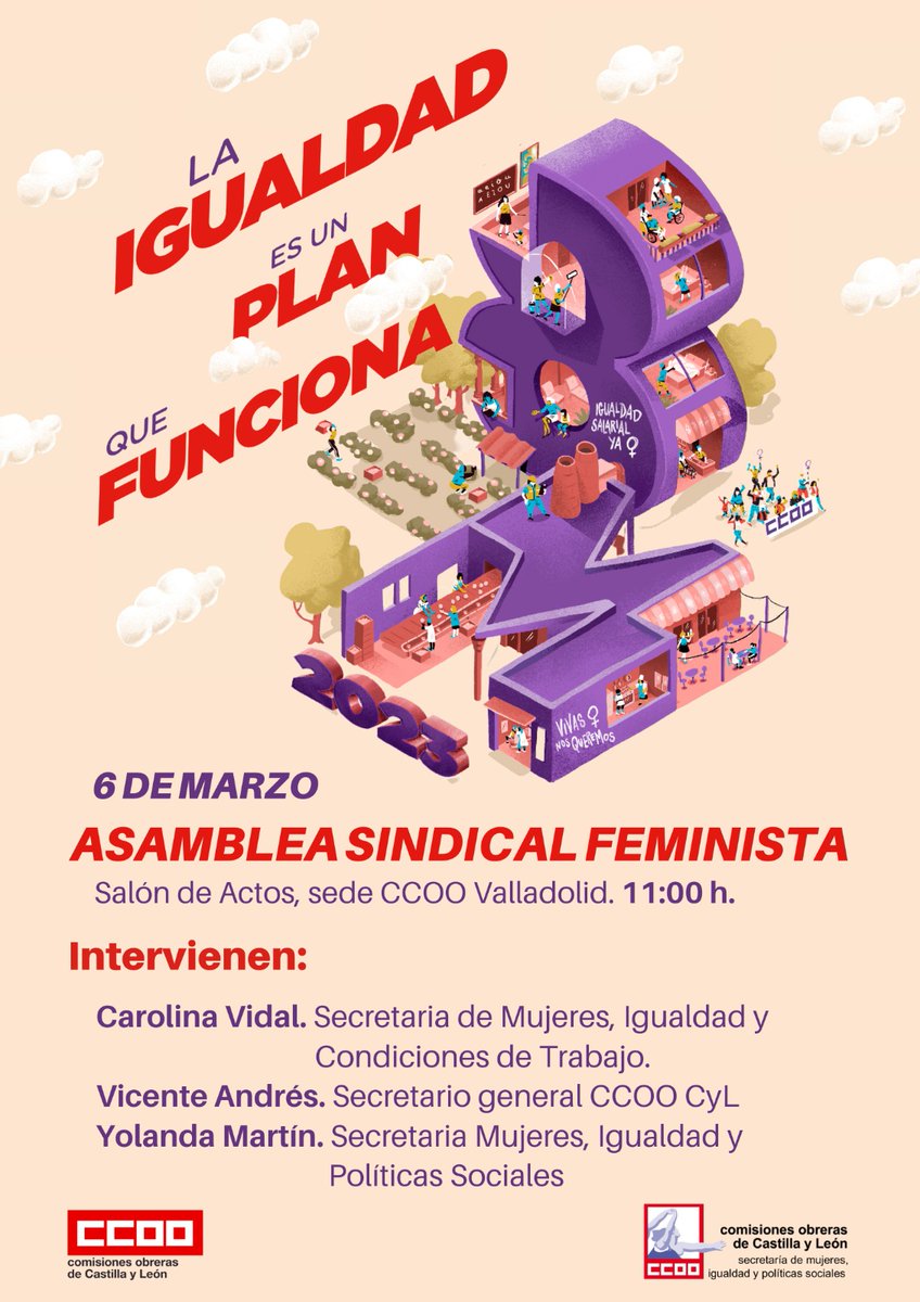 💜El día 6 de Marzo celebraremos una asamblea sindical en la que contaremos con la presencia de la Secretaria Confederal de Mujeres de CCOO, Carolina Vidal
💜Hablaremos de cómo llevar el ♀️feminismo a los centros de trabajo a través de los planes de igualdad 
#TenemosUnPlan