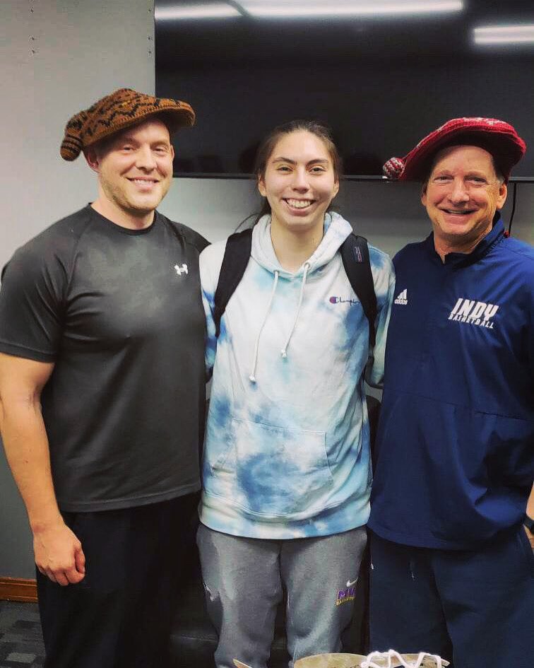 Coach <a href="/Jim_Turgeon/">Jim Turgeon</a> &amp; <a href="/Coach_Beckmann/">Coach Beckmann</a>, with Valentina Ojeda, sporting the Boina gaucha del ovejero (Cowboy Sheepherder Beret) from Chile. 🇨🇱 Thank you to Val’s family for the gift &amp; for visiting Indy! 🏴‍☠️🏴‍☠️🏴‍☠️  <a href="/v0jeda/">Valentina Ojeda</a>