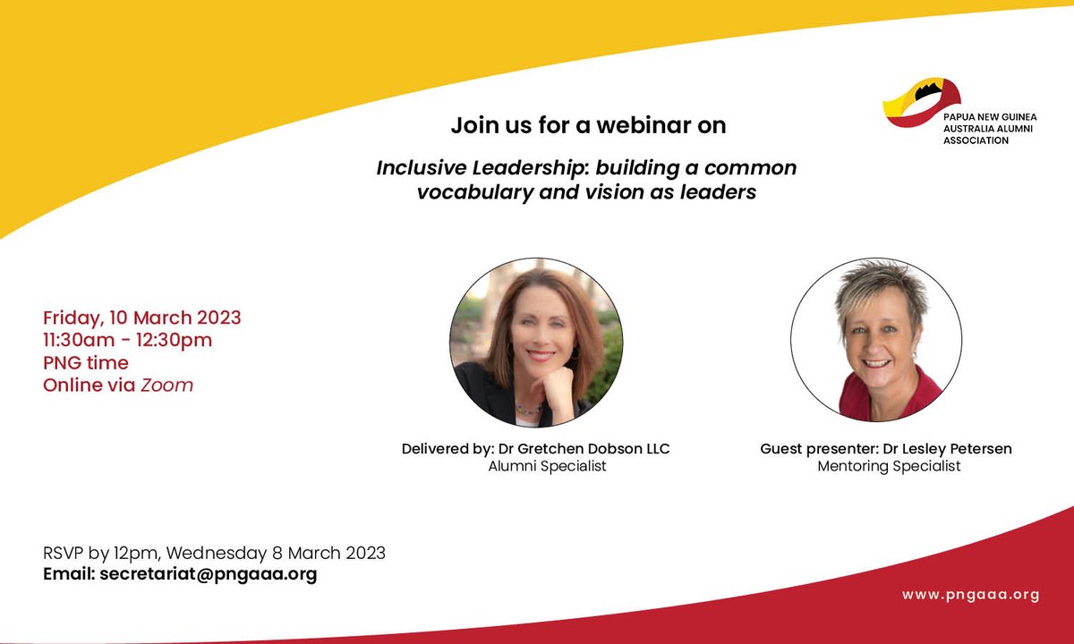 PngAusAlumni's tweet photo. Are you a member of #PNGAAA? Join us for a webinar on Friday 10 March @ 12pm &amp; review inclusive leadership principles as promoted through the @AustraliaAwards Program to develop a baseline for embracing a common vocabulary. 

RSVP to secretariat@pngaaa.org by 12 noon Wed 8 March. https://t.co/fmbVBKeL9K