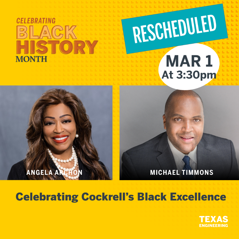 CockrellSchool's tweet photo. Celebrating Cockrell's Black Excellence
Wednesday, March 1 (tomorrow)
3:30 - 4:30 p.m.
———
In celebration of #BHM, we invite you to our third annual Black alumni panel discussion to hear from some of our most accomplished and dedicated Texas Engineering Black alumni leaders.
