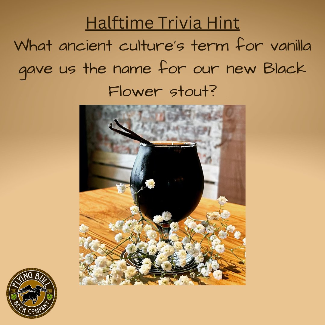 FlyingBullBeer1's tweet photo. HALFTIME HINT! The Aztec people's name for vanilla translates to "Black Flower." Come try this beautiful 11.4% Imperial Stout with your trivia team tonight - 7:30! #craftandcommunity #pubtrivia #craftbeer #imperialstout https://t.co/76jUUv244S