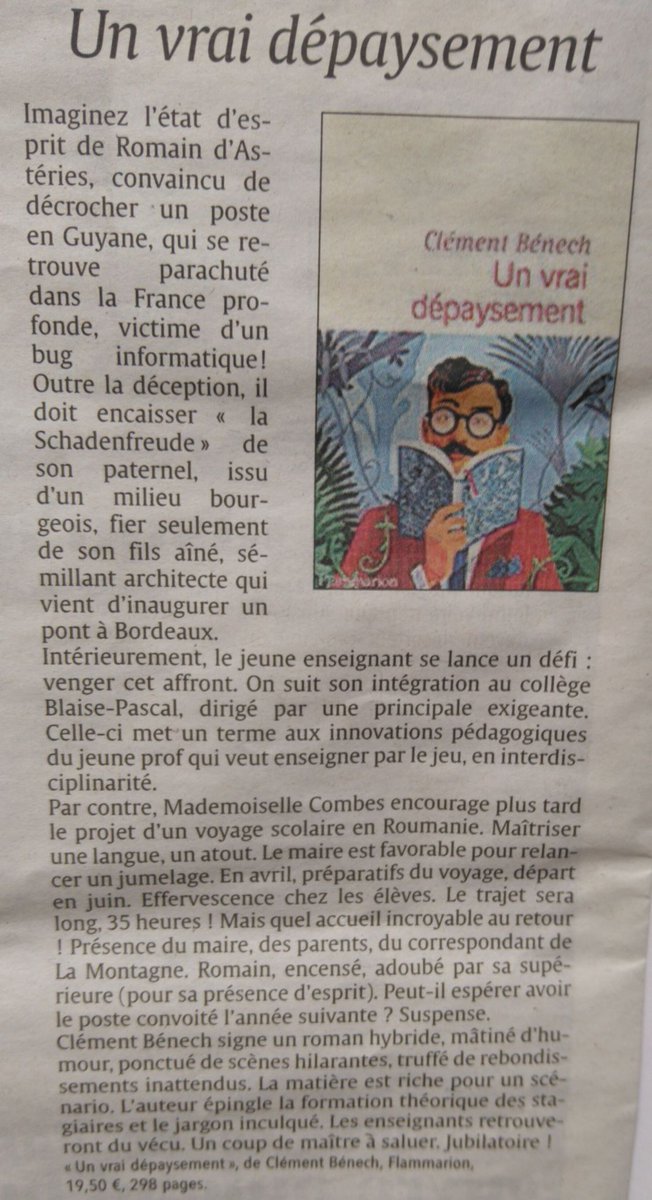 <a href="/MardiConseil/">MardiConseil📚</a> 📚 <a href="/PMarchandeProse/">La petite marchande de prose 10</a> 
Un vrai dépaysement de <a href="/ClementBenech/">Clément Bénech</a>  <a href="/Ed_Flammarion/">Editions Flammarion</a> 
"La principale nous a infligé un discours martial à base de troupes et de batailles.On sent que son monde est réglé...Il y a un  prof de sport flambant neuf, je peux m'en faire mon allié.."