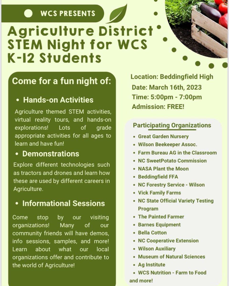 TheSTEMnerdette's tweet image. WCS is hosting a spring district STEM night on March 16th! We have a night packed full of STEM activities, local community businesses, demos, and more!

✅Free to all WCS K-12 students
✅Activities for all 
✅Explore equipment and technologies used in the Ag industry 
#STEMatWCS