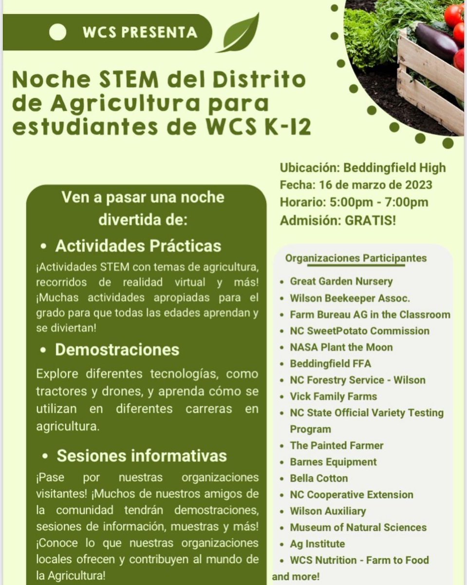 TheSTEMnerdette's tweet image. WCS is hosting a spring district STEM night on March 16th! We have a night packed full of STEM activities, local community businesses, demos, and more!

✅Free to all WCS K-12 students
✅Activities for all 
✅Explore equipment and technologies used in the Ag industry 
#STEMatWCS