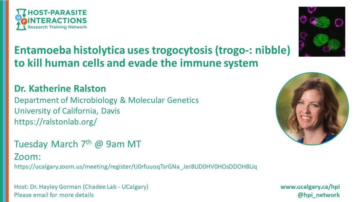 HPI_network's tweet photo. 📢🗓️Next HPI online seminar Tues. March 7th - 9 AM MT
Entamoeba histolytica uses trogocytosis (trogo-: nibble) to kill human cells and evade the immune system - Dr. Katherine Ralston from Univ. of California Davis https://t.co/L159DPLG9u
Thank you @HayleySGorman for hosting! https://t.co/O5fI4G4I4K