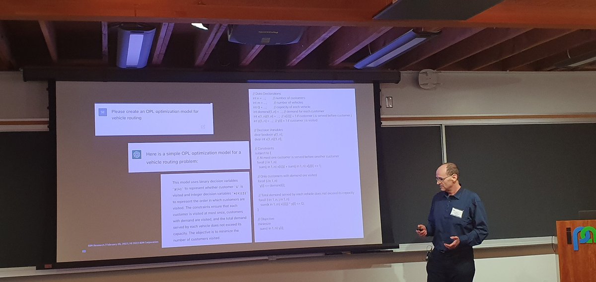 . @SegevWasserkrug shows that #ChatGPT is capable of producing optimization models - and argues why this is not neccessarily a good idea #AID2023 @ipam_ucla @69alodi @BDilkina