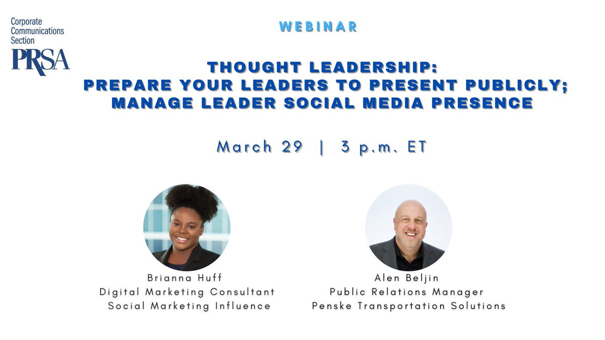 briannahuffn's tweet photo. Do your C-suite members have a strong public and digital personal brand 🤔 ?

If not, this webinar is for you 🙌 . 

I'm thrilled to partner with Carla Parks Wooley &amp; @AlenBeljin to share best practices for executive presence publicly and digitally. 1/2 https://t.co/2jZSLcpmi7