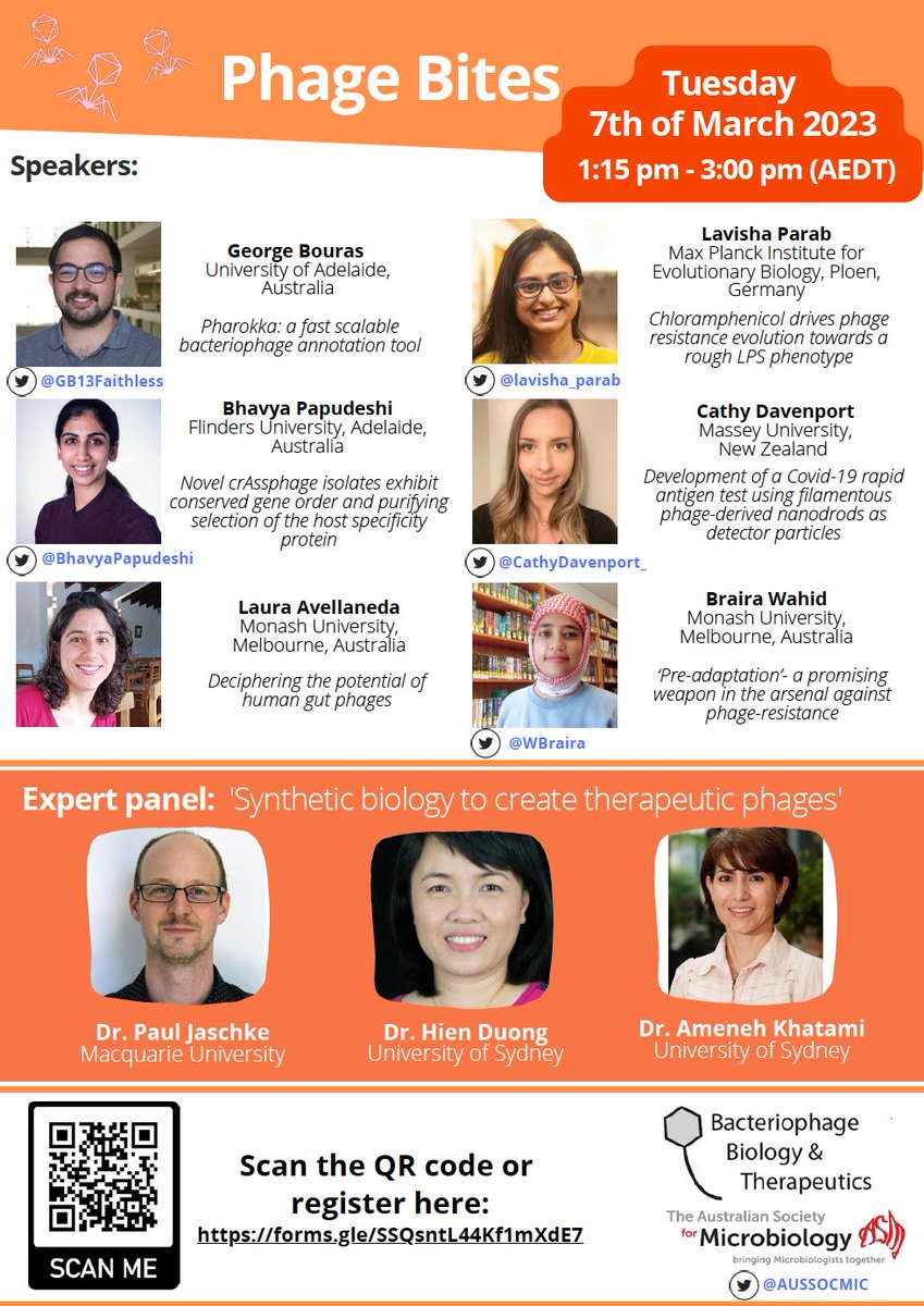 See our final lineup for Phage Bites symposium! 

Six talks from PhDs/ECRS followed by an expert discussion on synthetic biology to create therapeutic phage! Still time to register

Our ECR speakers on Twitter - <a href="/GB13Faithless/">George Bouras</a> @BhavyaPapudeshi @lavisha_parab <a href="/CathyDavenport_/">Cathy Davenport</a>