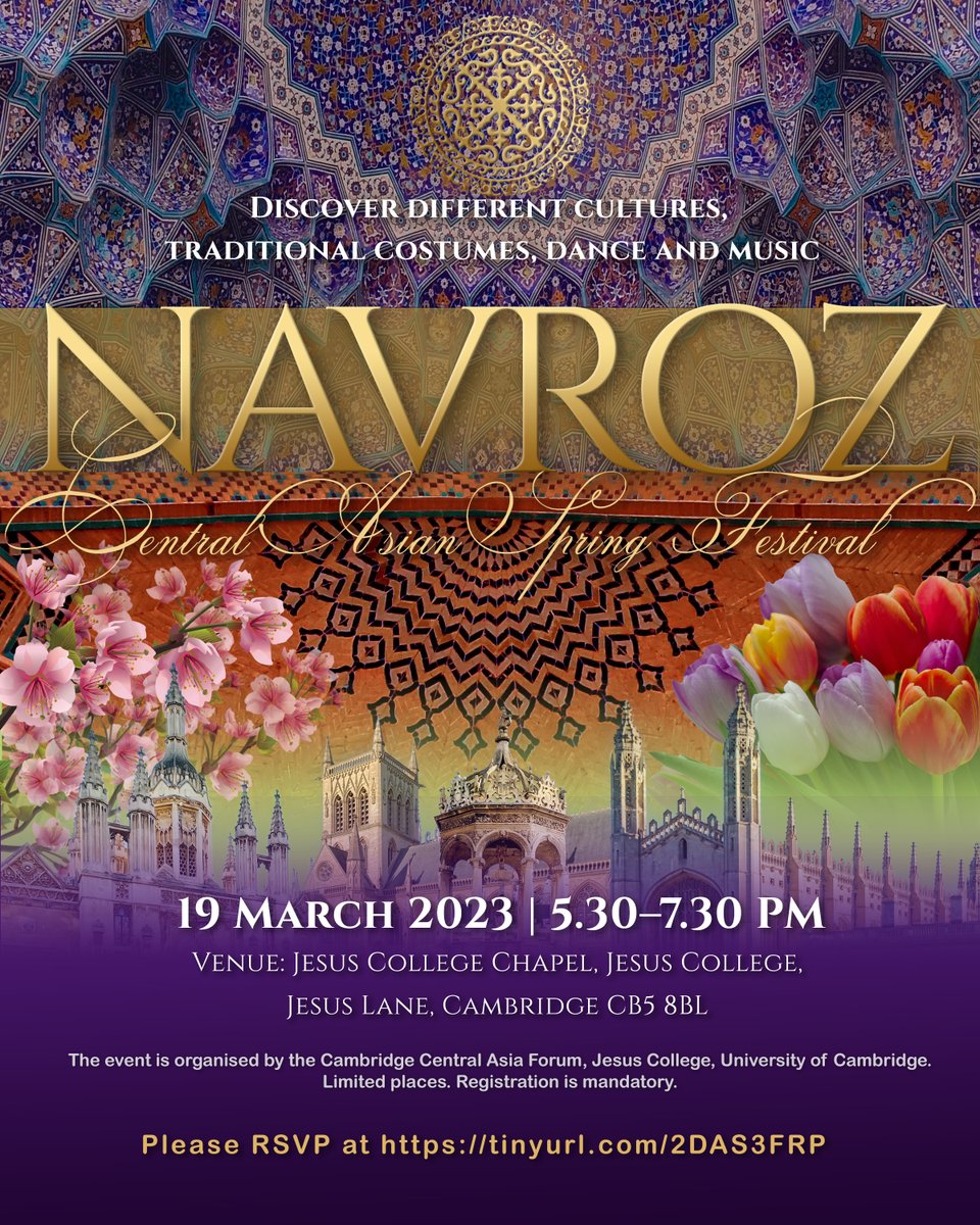 Was happy to design these posters for the exciting #Nauryz event organised by #Cambridge Central Asia Forum, Jesus College, #UniversityofCambridge. 
19th March, 5.30-7.30PM
RSVP at tinyurl.com/2DAS3FRP
The evening will have dance, music and food. Everyone is welcome!