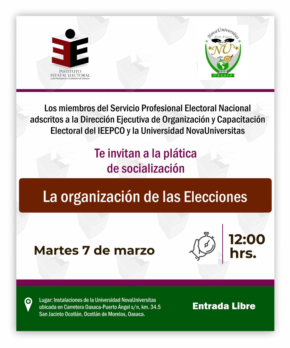 IEEPCO's tweet photo. El #IEEPCO y la Universidad NovaUniversitas, te invitamos a la plática de socialización "La organización de las Elecciones"

📅Martes 7 de marzo
⏰12:00 hrs.
📍Instalaciones de @NU_SUNEO
🙌🏽¡Entrada libre! https://t.co/qEw5JJiudD