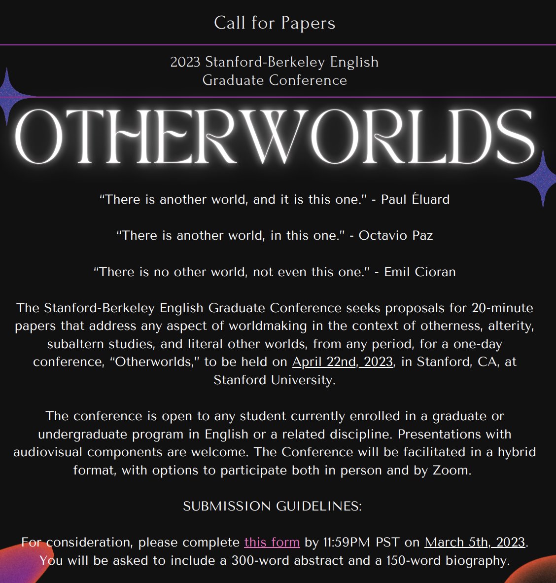 CatrinH42's tweet photo. Just under a week left to apply to the Stanford-Berkeley English Graduate Conference!

Full CFP and link to application form here: https://t.co/n2C8DRYm04

@OpenAcademics @PhDVoice #cfp #EnglishLiterature #EnglishLanguage #EnglishPhD #PhD https://t.co/e9vXvIrbQZ