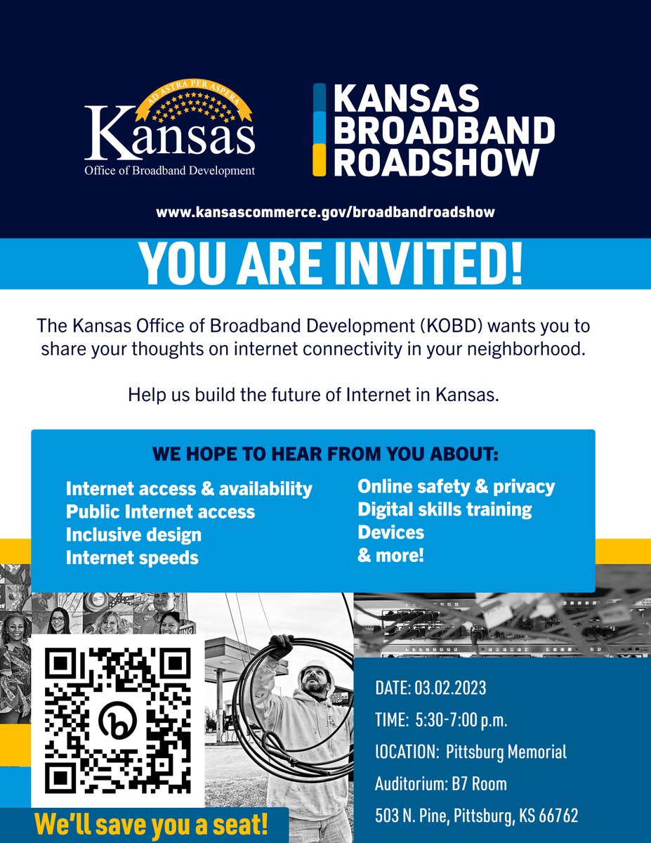 MemorialPittKS's tweet photo. You’re invited! The Kansas Office of Broadband Development (KOBD) wants you to share your thoughts on internet connectivity in your neighborhood. Thursday, March 2, 2023 from 5:30 PM to 7:00 PM. https://t.co/ZeblhvpT5e https://t.co/dk0odpIRTp