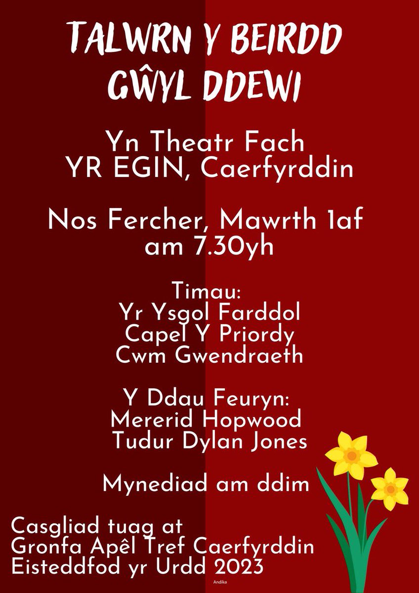 YsgolFarddol's tweet photo. Pa ffordd well i ddathlu Dydd Gŵyl Dewi na gyda thalwrn y beirdd? Ac yn well na hynny, mae e am ddim! 

Ac yn well fyth, mae’r Prifeirdd Mererid Hopwood a Tudur Dylan Jones yn cyd-feuryna! Ac ar ben hyn oll, mae tri thîm yno i’ch diddanu!

Gwnewch y pethau bychain a dewch yn llu! https://t.co/iF5yeluBRa