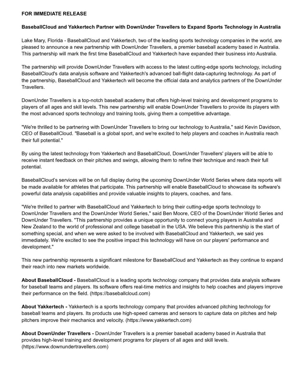 BaseballCloudUS's tweet image. Excited to announce that @BaseballCloudUS and @Yakkertech are now the official data and analytics partner of the top AAU program in Australia, the DownUnder Travellers. 

Keep an eye out for content coming from their DownUnder World Series in April @Bennymoore84 

Read more below