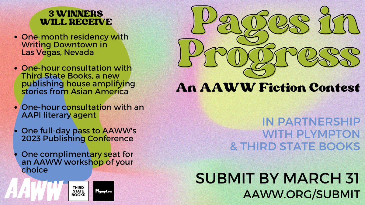plympton's tweet photo. PAGES IN PROGRESS, Asian American Writers' Workshop's @aaww first annual AAPI fiction contest in partnership with Plympton and Third State Books @ThirdStateBooks, is now open! Winners will enjoy a one-month residency at our Writing Downtown @writingdowntown apartment in Las Vegas https://t.co/MJk3C6UaVZ