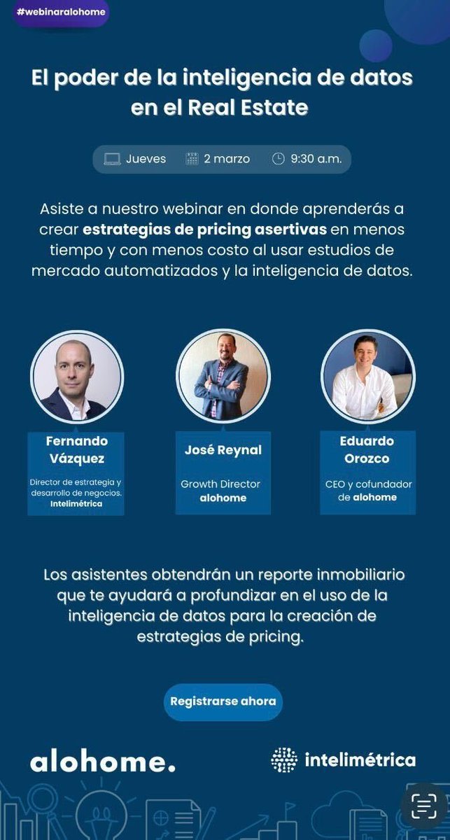 Te invitamos a registrarte a este evento exclusivo donde explicaremos como la alianza con #Alohome contribuirá a seguir innovando el sector inmobiliario con el uso de herramientas de analítica avanzada.

Te compartimos el link de registro: lnkd.in/eBGvJxc4