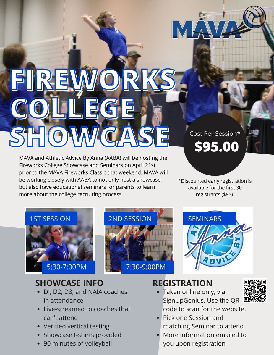 MAVAvolleyball's tweet photo. Join us for MAVA’s Fireworks #CollegeShowcase on April 21st prior to the MAVA Fireworks Challenge. Colleges attending will range from D1 to NAIA and all uncommitted #volleyball players in classes 2023 to 2027 are welcome to attend. Registration is being taken in advance online. https://t.co/gk5WqqEuj8