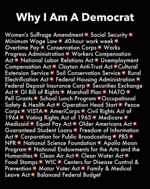 Why I'm a Democrat? #WomensRights #women #girls #VotingRightsAct #abortion #education #ACA #equality #ClimateChange #SocialSecurity #Medicare #healthcare #Biden #guncontrol #Jan6th #cheaperdrugs #vets #SCOTUS #Ukraine #seniors #SecureElections #MarriageEquality #homelessness