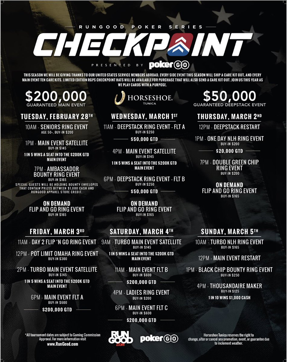 Headed to <a href="/Horseshoetunica/">Horseshoe Tunica</a> for the <a href="/RGPokerSeries/">RunGood Poker Series</a> - 9.5 hour drive for 6 days of poker ♥️ ♠️♦️♣️ 

Gonna play a lot of ring game, a PLO MTT, and the $600 - $200k GTD Main

I’m gonna give 10% of the Main on 3/3 

Like 👍🏻 
Follow 🏃‍♂️ 
Retweet ♻️

For a chance to win 🏆 

GL 🍀