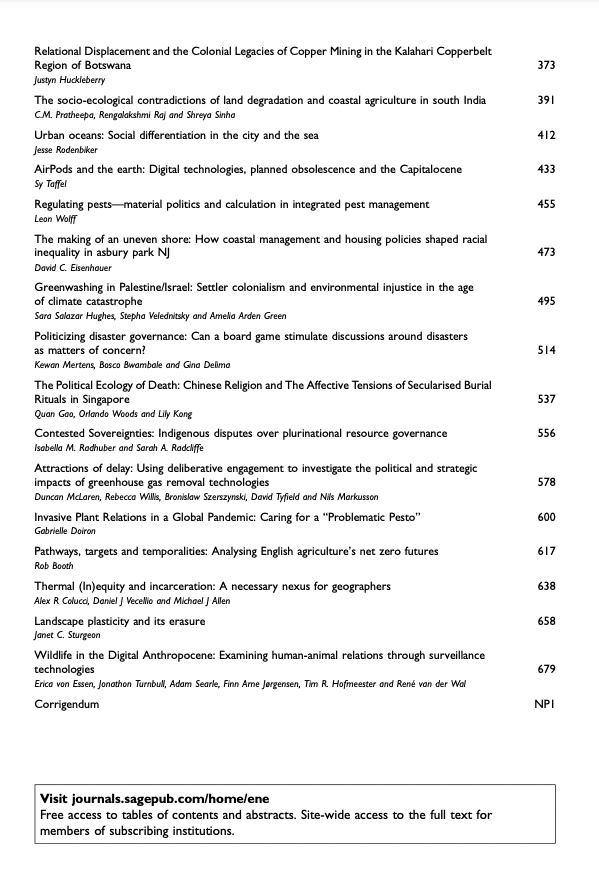 Nature and Space Vol. 6, No. 1 is now out and available online! This massive new issue features over 30 articles on myriad topics ranging from marronage and commoning to greenwashing and the digital anthropocene. Link and ToC below:

journals.sagepub.com/toc/enea/6/1