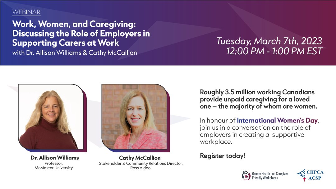 Join CHPCA on Tuesday, March 7 for a FREE webinar in honour of #InternationalWomensDay on the role employers play in creating a supportive workplace for Canada's working #carers – the majority of whom are #women. #IWD2023 #caregiving #HR 

Register today: loom.ly/i_p2dlY