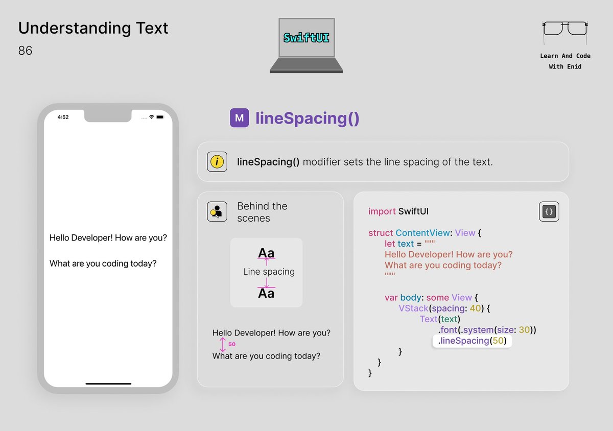 lineSpacing() modifier sets the line spacing of the text💡

Learn iOS development with visuals 👉 learnandcodewithenid.gumroad.com/l/learnandcode…