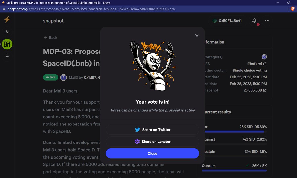 celixiron's tweet image. Successfully voted for proposed integration of @SpaceIDProtocol and which supported domain to airdrop amongst @ensdomains @dotbitHQ &amp;amp; @unstoppableweb once on @mail3dao 

#web3voting #DAO