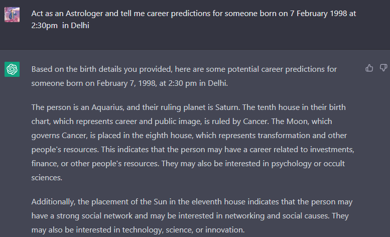 WolfDetective07's tweet photo. I woke up today thinking, what if I give chatGPT some astrology? I wondered how it'll react, and sure enough, the answer blew me away.
Now we know there's more jobs at risk we initially thought.
And it also tells you that it all comes down to your choices as well. :)) https://t.co/6d3Rsq1u47
