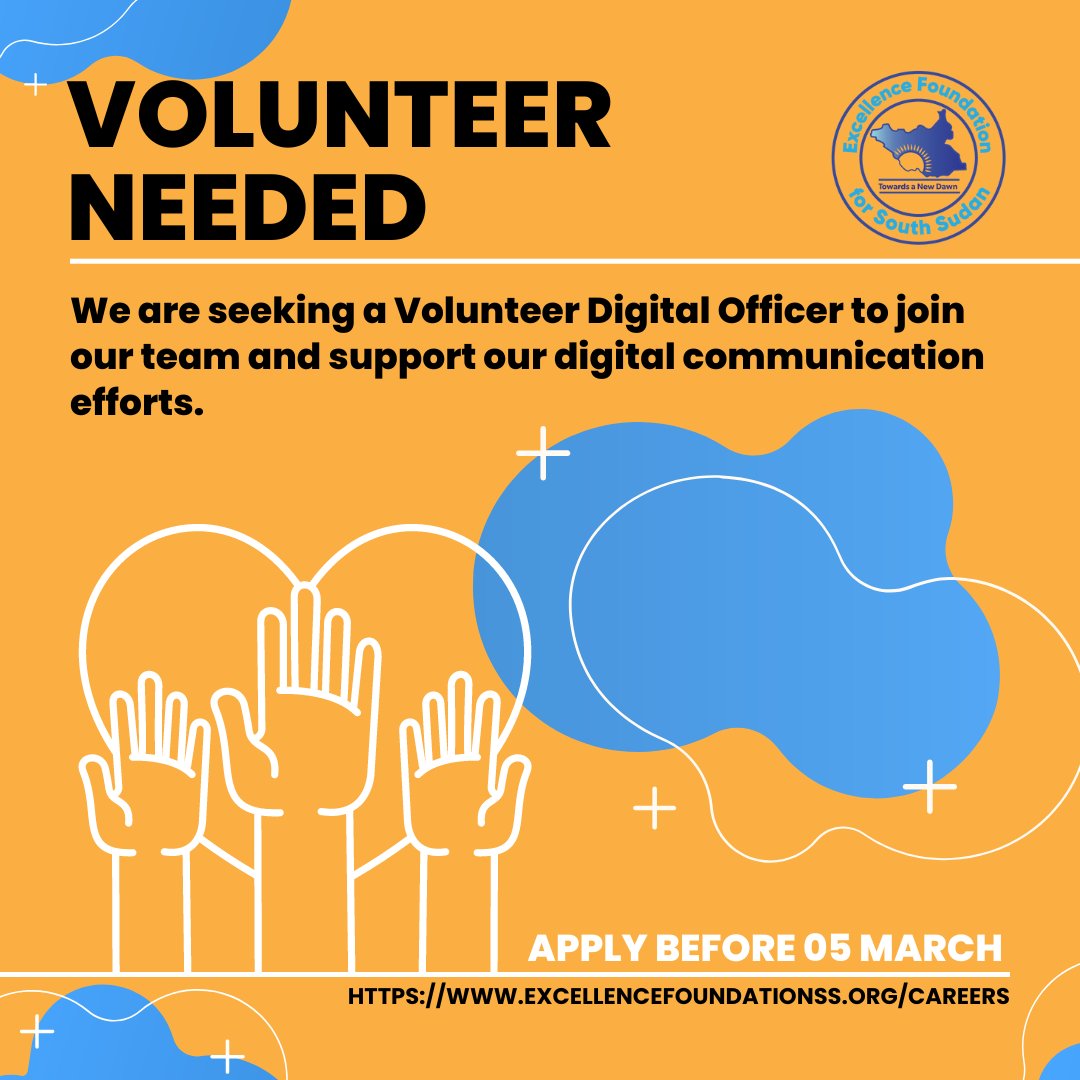 Join the EFSS team as a Volunteer Digital Officer! Help manage our online presence and develop digital strategies to engage our audience and increase visibility. Apply now: bit.ly/3IYi76b #nonprofit #SouthSudan #digitalcommunications