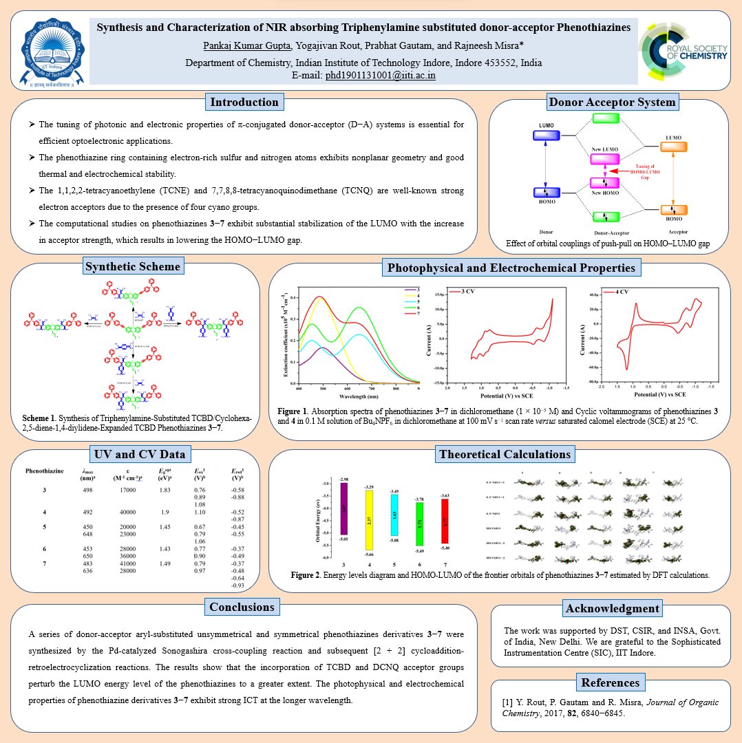 Pankajkgupta321's tweet photo. Delighted to share my poster at #RSCPoster titled "Synthesis and Characterization of NIR absorbing Triphenylamine substituted donor-acceptor Phenothiazines". #RSCOrg @RoySocChem #RSCPosterLive https://t.co/xnUR0QP3d0