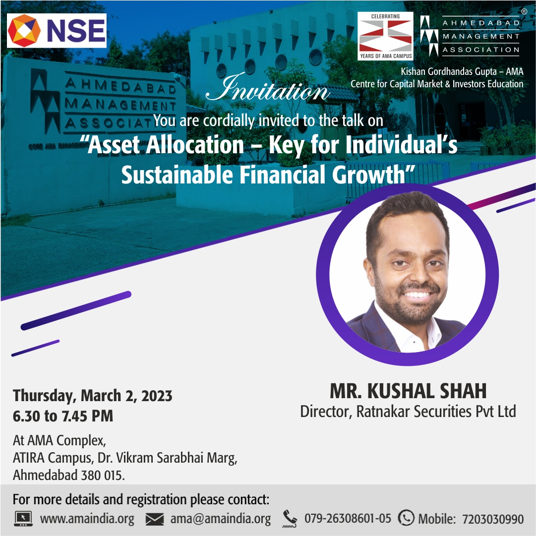 ama_ahmedabad's tweet image. Talk on "Asset Allocation - Key for Individual's Sustainable Financial Growth", by Mr. Kushal Shah on  March 02, 2023 from 6:30 pm. 
For more details, call on 7203030990 or visit our website: amaindia.org 

#amaindia #OpenForm #GrowProfessionally @Unmeshdixit