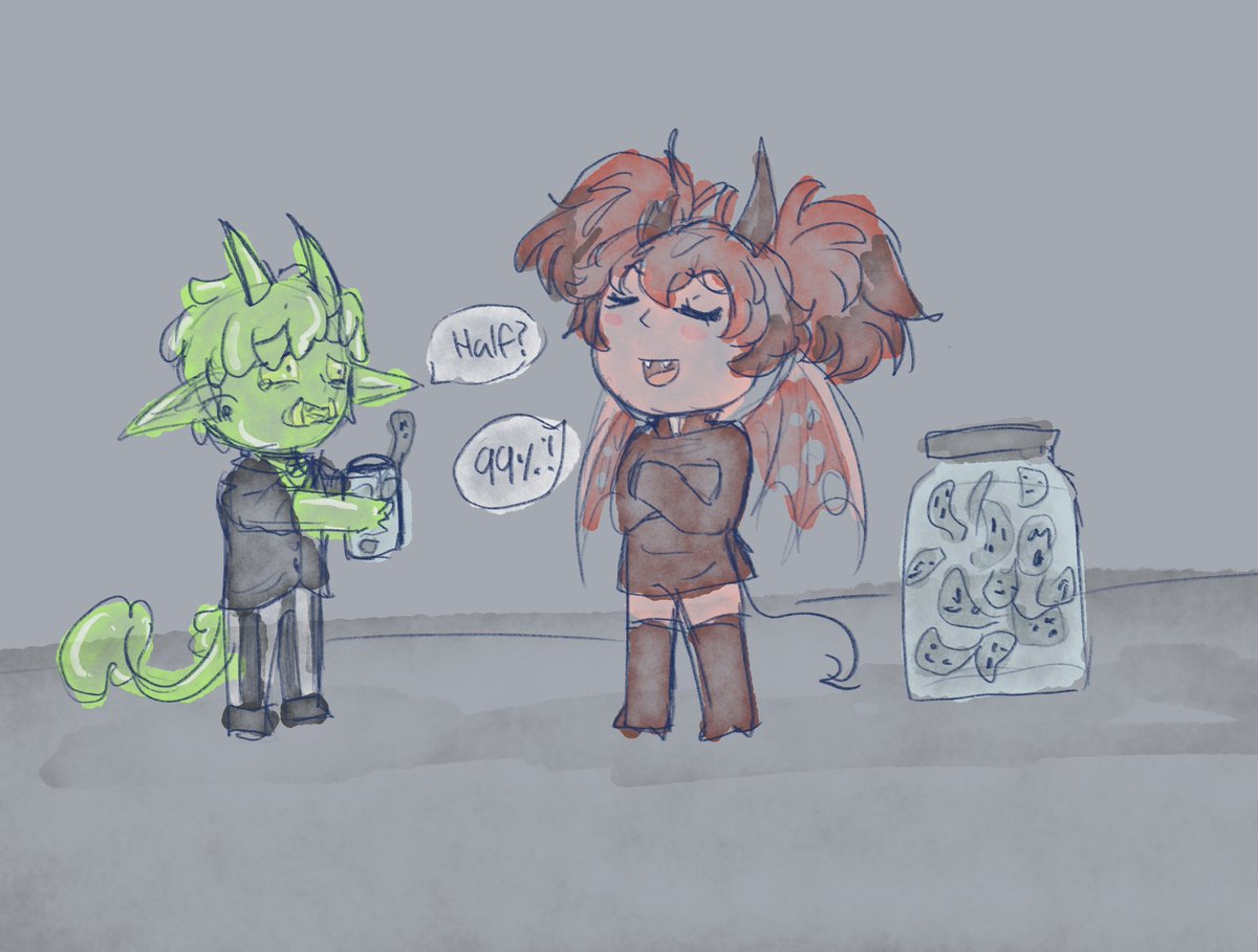 Gamer666Ink's tweet photo. @Oniimely tried a chibi style which I’m not the best at
Hope you like it anyway XD you me and you negotiating souls 
Im a slime demon if it wasn’t obvious by the way XD https://t.co/0GUIo8X64R