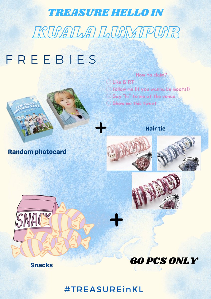 🇲🇾HELLO MYTEUMES 💎  
I’ll be giving out these freebies at #TREASUREinKL together with @iffaaa___

How to claim : 
☘️RT &amp; LIKE 
☘️ Say “hi”
☘️Show me this tweet on D-DAY

We will update our outfit on that day! See yaa💙

 #TREASUREinKL