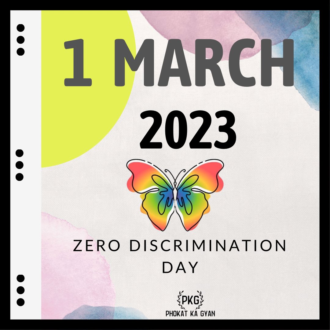 1 March 2023 
Zero Discrimination Day 
… 
#ZeroDiscriminationDay #NoDiscrimination #EndDiscrimination #EqualityForAll #DiversityMatters #InclusionMatters #SayNoToDiscrimination #StopDiscrimination #HumanRights #SocialJustice #LoveNotHate #RespectForAll #Acceptance