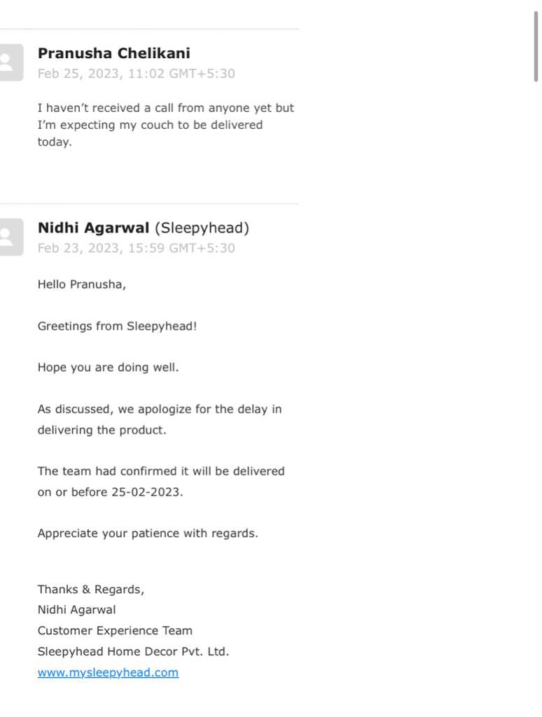 yaminiWALIA's tweet photo. @SleepyheadHQ Our 3-seater sofa was picked up by your team for a minor repair on Feb 16 &amp; we were told that it will be returned on 20 Feb. It’s been more than a week since that &amp; we haven’t got the sofa back. We were later told it would be delivered on 25 &amp; still nothing https://t.co/wHFbL7CrHo