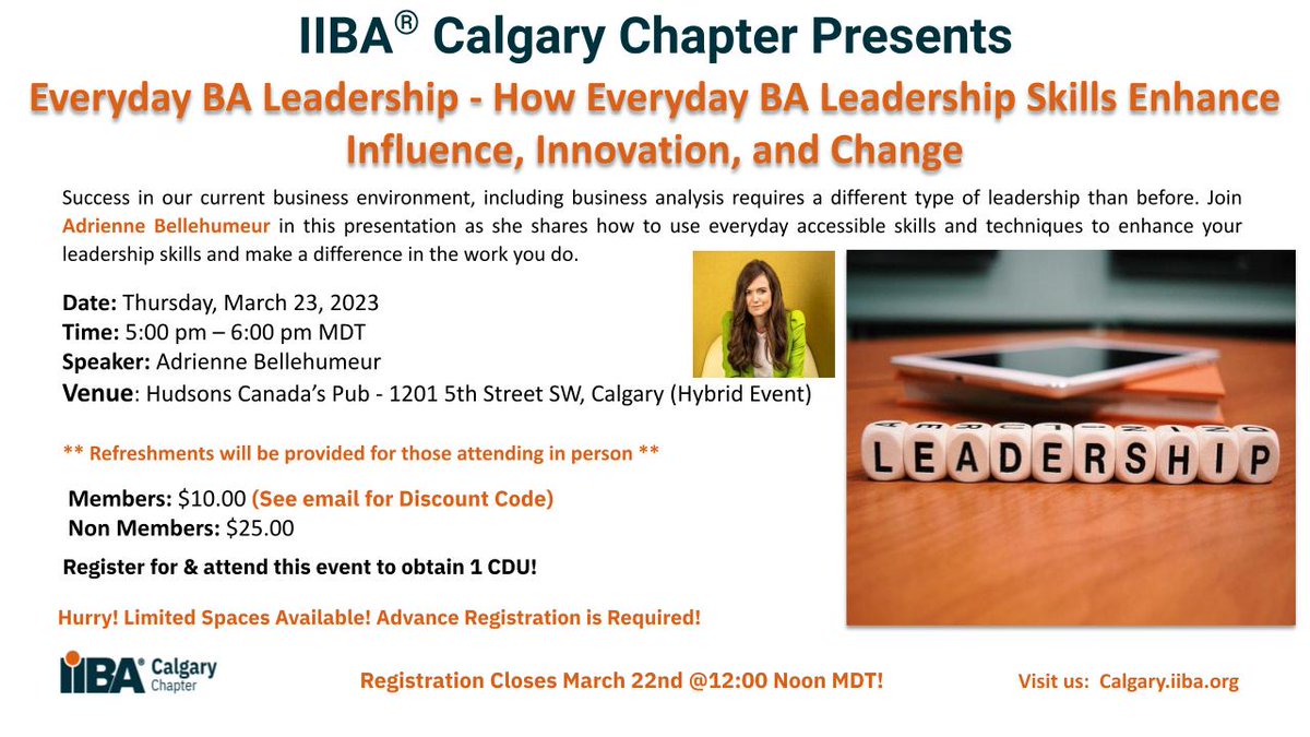 IIBA_Calgary's tweet photo. 🤔 Are you looking to enhance your BA leadership skills? Then this event is for you!

📧 Please check your email for the member discount code.

Register Now: https://t.co/NYeek7RKZa

#leadership #event #businessanalyst #iiba #calgary #businessanalysis https://t.co/ycSa3pYEin