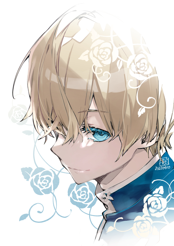 solo 1boy male focus blue eyes signature white background blonde hair  illustration images